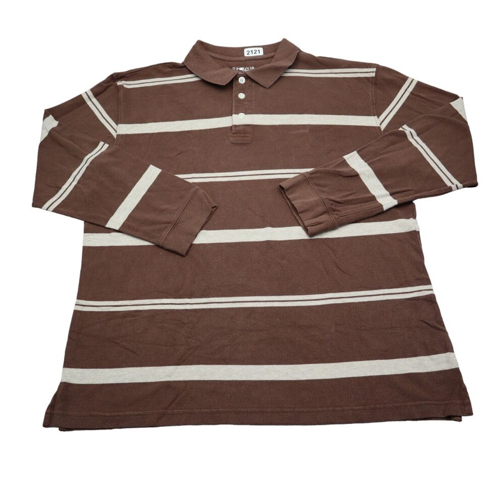 Sun River Shirt Mens L Brown White Striped Polo Outdoor Collar Neck Casual